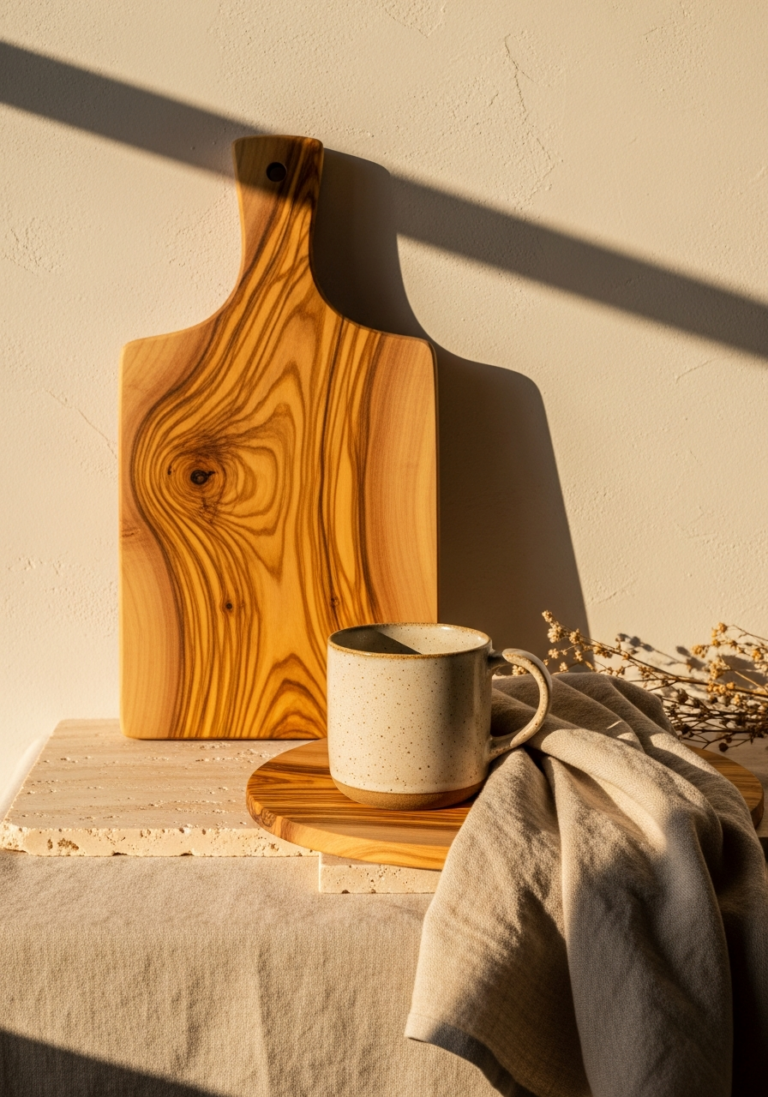 Home goods styled on a warm table setting