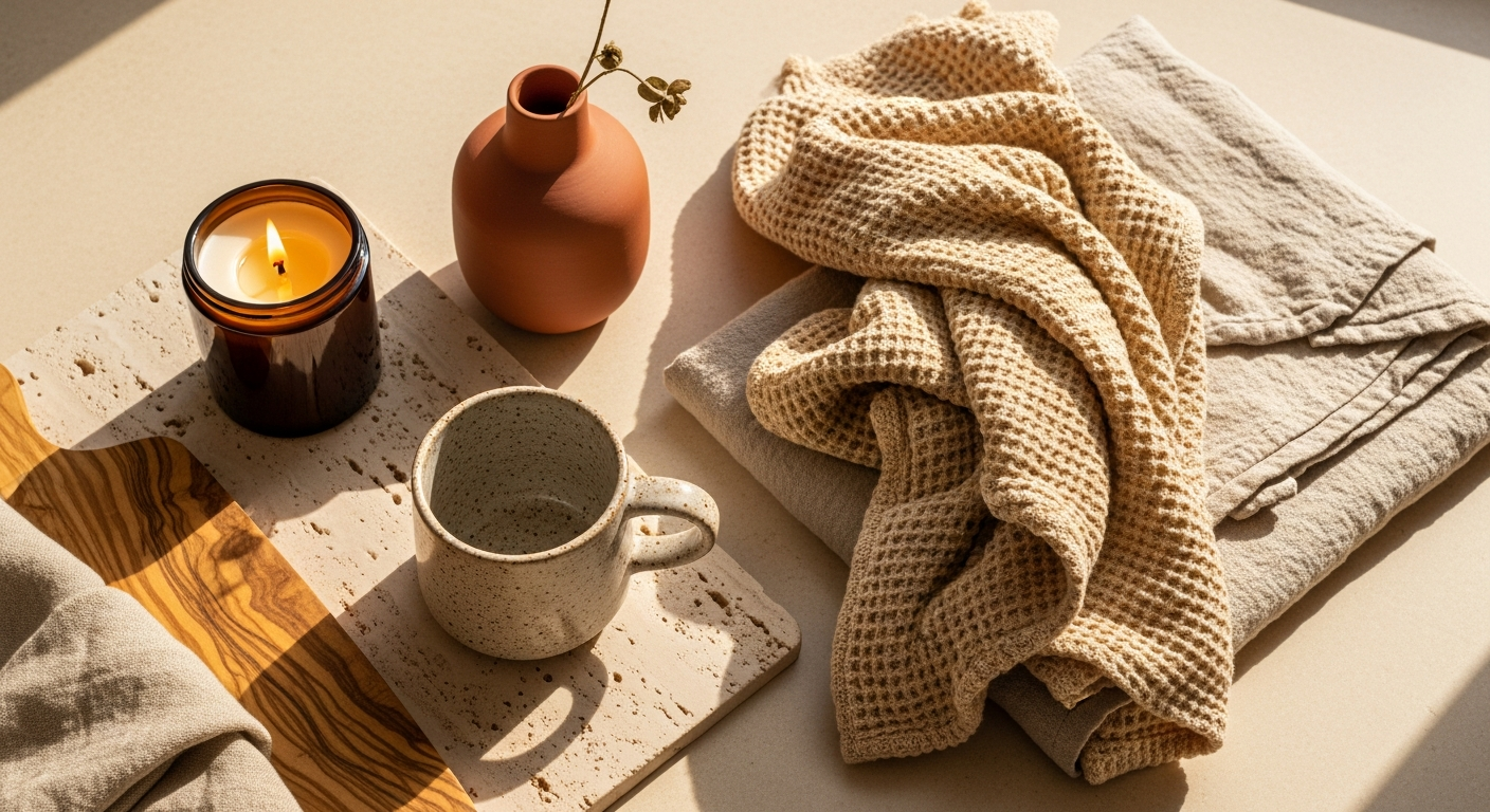 A curated still life of candles, ceramics and linens